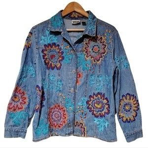 Chico's Embroidered Blue Denim Jacket with Turquoise & Multicolor Floral Accents
